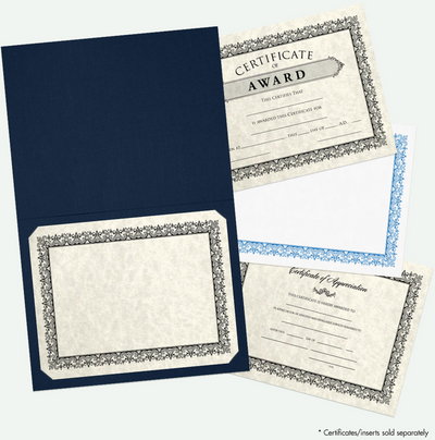 Nautical Navy Blue Linen with Silver Foil Floral Border 9 1/2 x 12 Certificate Holders