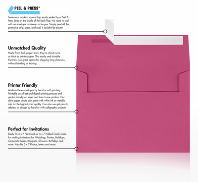Fuchsia Pink Magenta 32lb A7 Invitation Envelopes (5 1/4 x 7 1/4) with Peel & Seal