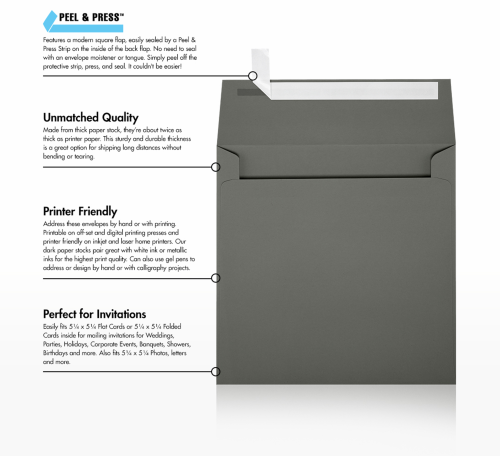 Dark Smoke Gray 32lb 5 1/2 x 5 1/2 Square Envelopes with Peel & Seal