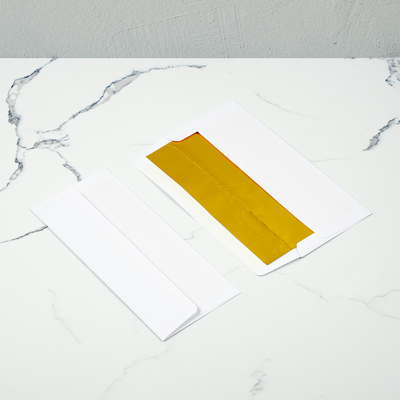 White with Gold Foil Lining 24lb #10 Square Flap Envelopes (4 1/8 x 9 1/2) with Peel & Seal