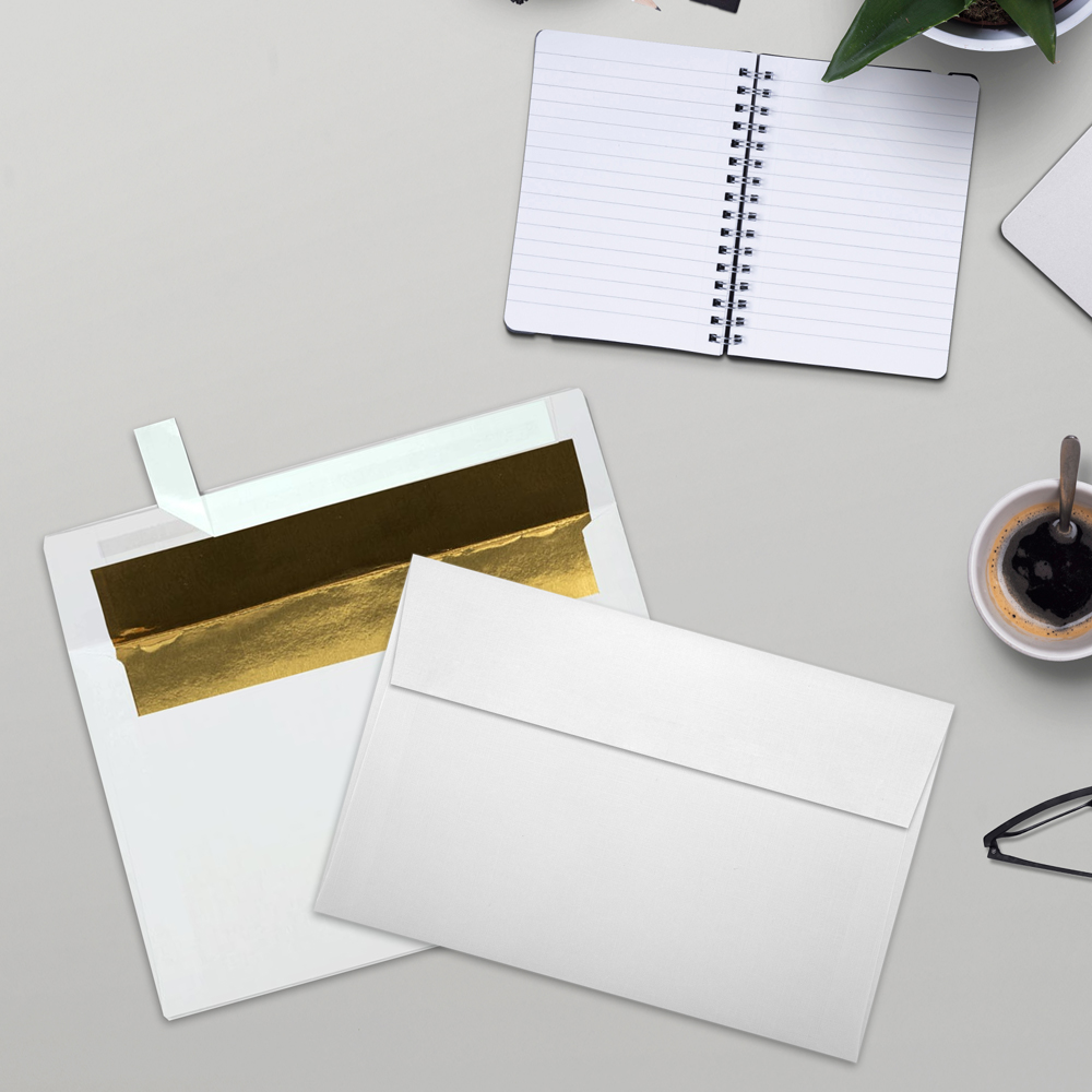 White with Gold Foil Lining 24lb A9 Invitation Envelopes (5 3/4 x 8 3/4) with Peel & Seal