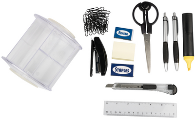 Clear Round Desk Organizer and Supplies Set (Organizer, Pens, Scissor, Highlighter, Box Cutter, Ruler, Eraser, Stapler, Staples, and Paper Clips)