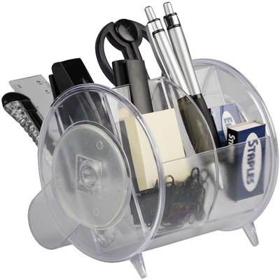 Clear Round Desk Organizer and Supplies Set (Organizer, Pens, Scissor, Highlighter, Box Cutter, Ruler, Eraser, Stapler, Staples, and Paper Clips)